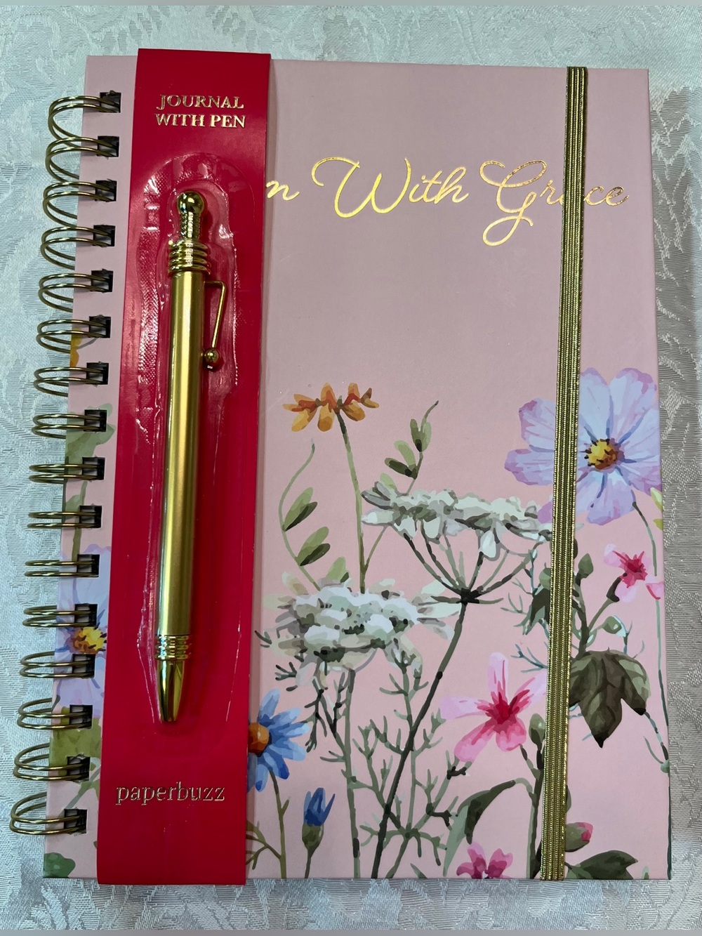 Journal Floral Spiral Notebook in Pink with Gold Pen ‘Bloom With Grace’